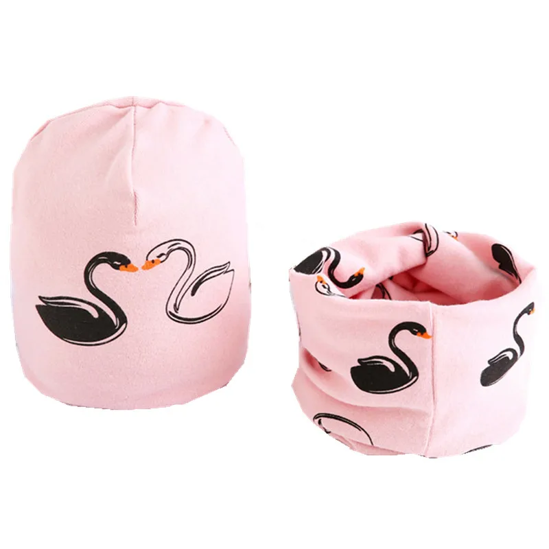 New Spring Autumn Girls Hat Scarf Set Cartoon Owl Star Swan Baby Boy Girls Hat Set Children Hat Scarf-Collar Cotton Kids Hat Set