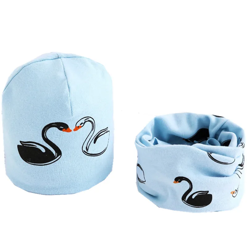New Spring Autumn Girls Hat Scarf Set Cartoon Owl Star Swan Baby Boy Girls Hat Set Children Hat Scarf-Collar Cotton Kids Hat Set