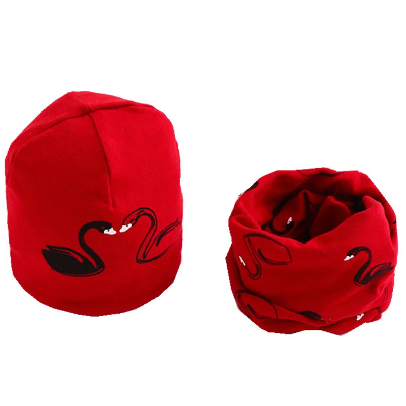 New Spring Autumn Girls Hat Scarf Set Cartoon Owl Star Swan Baby Boy Girls Hat Set Children Hat Scarf-Collar Cotton Kids Hat Set