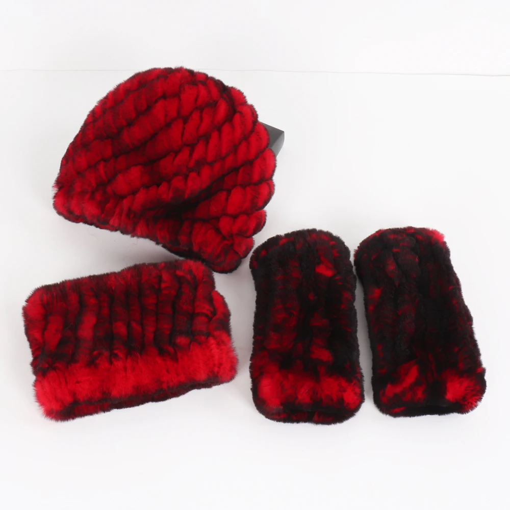 Hot Sale Women Winter Knitted Real Rex Rabbit Fur Hat Scarf Gloves Sets Natural Warm Rex Rabbit Fur Cap Scarves Mittens 3 Pieces