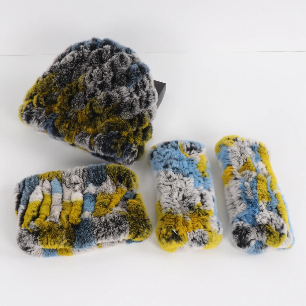 Hot Sale Women Winter Knitted Real Rex Rabbit Fur Hat Scarf Gloves Sets Natural Warm Rex Rabbit Fur Cap Scarves Mittens 3 Pieces