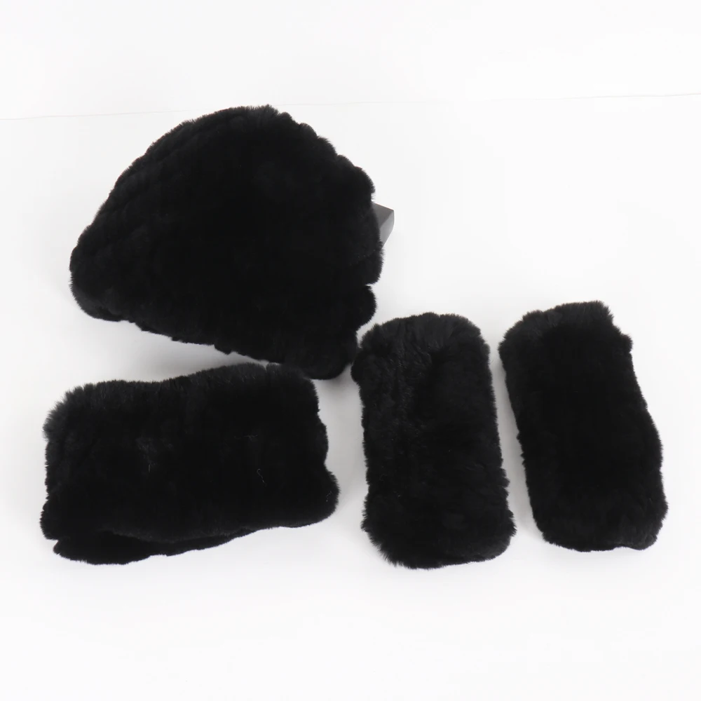 Hot Sale Women Winter Knitted Real Rex Rabbit Fur Hat Scarf Gloves Sets Natural Warm Rex Rabbit Fur Cap Scarves Mittens 3 Pieces