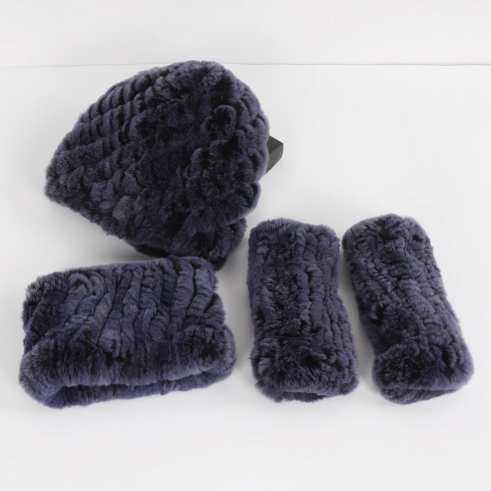Hot Sale Women Winter Knitted Real Rex Rabbit Fur Hat Scarf Gloves Sets Natural Warm Rex Rabbit Fur Cap Scarves Mittens 3 Pieces