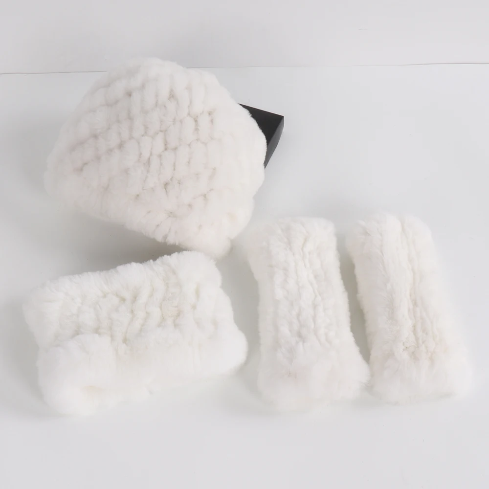 Hot Sale Women Winter Knitted Real Rex Rabbit Fur Hat Scarf Gloves Sets Natural Warm Rex Rabbit Fur Cap Scarves Mittens 3 Pieces