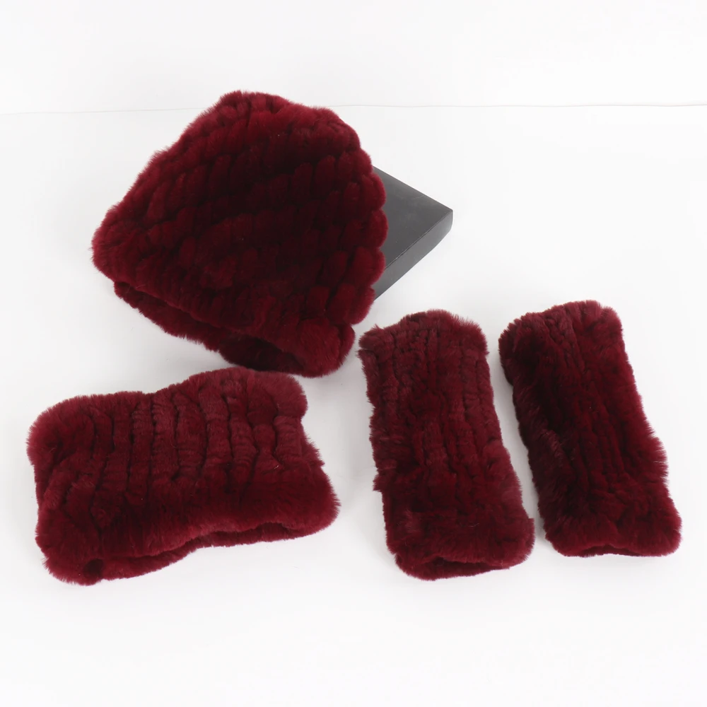 Hot Sale Women Winter Knitted Real Rex Rabbit Fur Hat Scarf Gloves Sets Natural Warm Rex Rabbit Fur Cap Scarves Mittens 3 Pieces