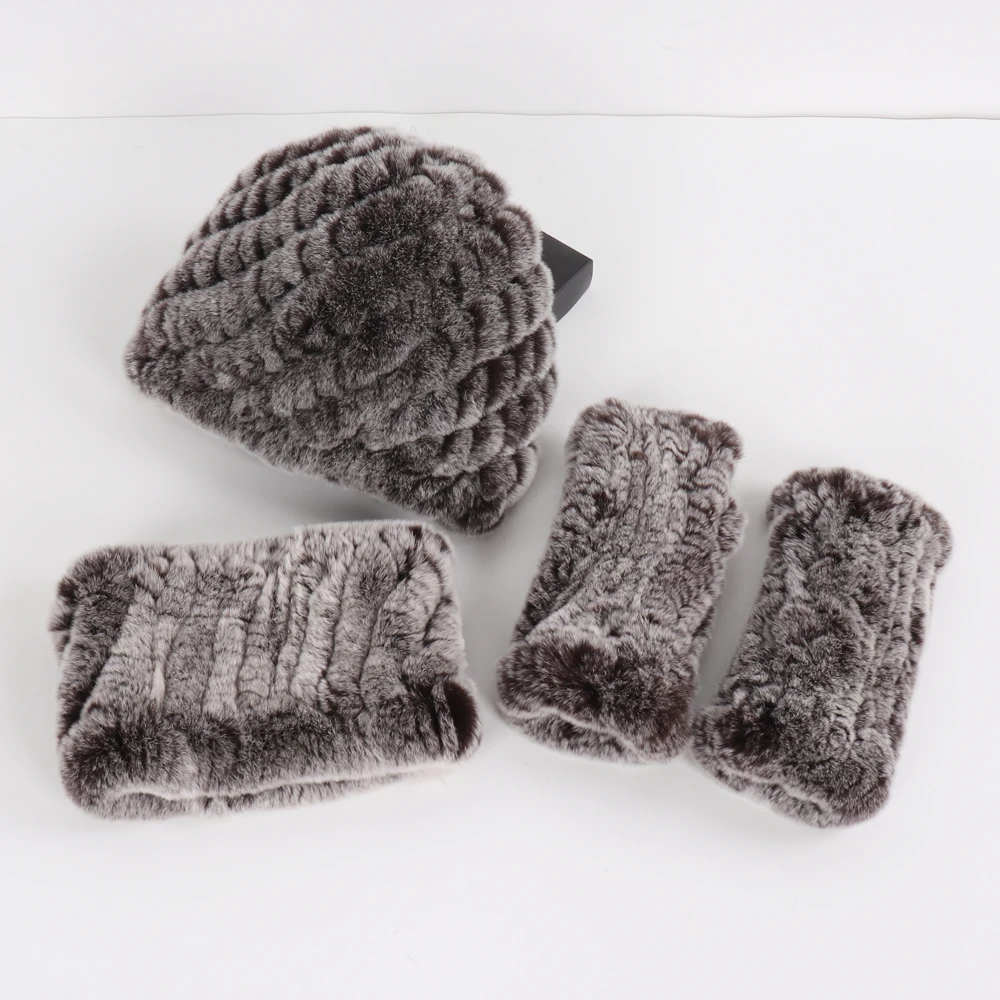Hot Sale Women Winter Knitted Real Rex Rabbit Fur Hat Scarf Gloves Sets Natural Warm Rex Rabbit Fur Cap Scarves Mittens 3 Pieces