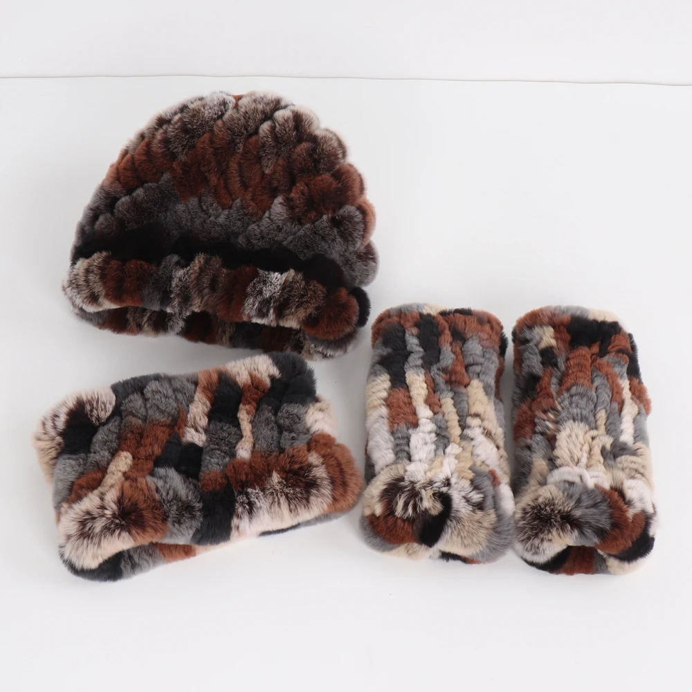 Hot Sale Women Winter Knitted Real Rex Rabbit Fur Hat Scarf Gloves Sets Natural Warm Rex Rabbit Fur Cap Scarves Mittens 3 Pieces