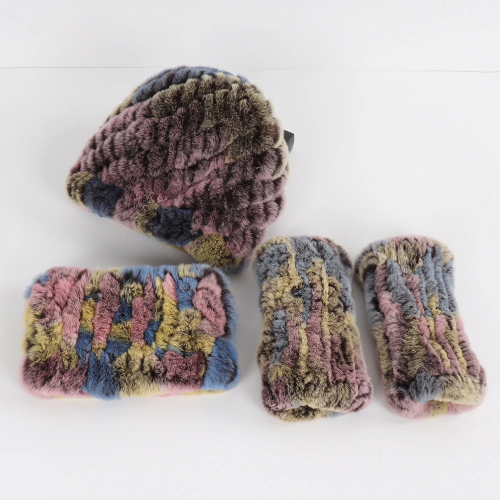 Hot Sale Women Winter Knitted Real Rex Rabbit Fur Hat Scarf Gloves Sets Natural Warm Rex Rabbit Fur Cap Scarves Mittens 3 Pieces