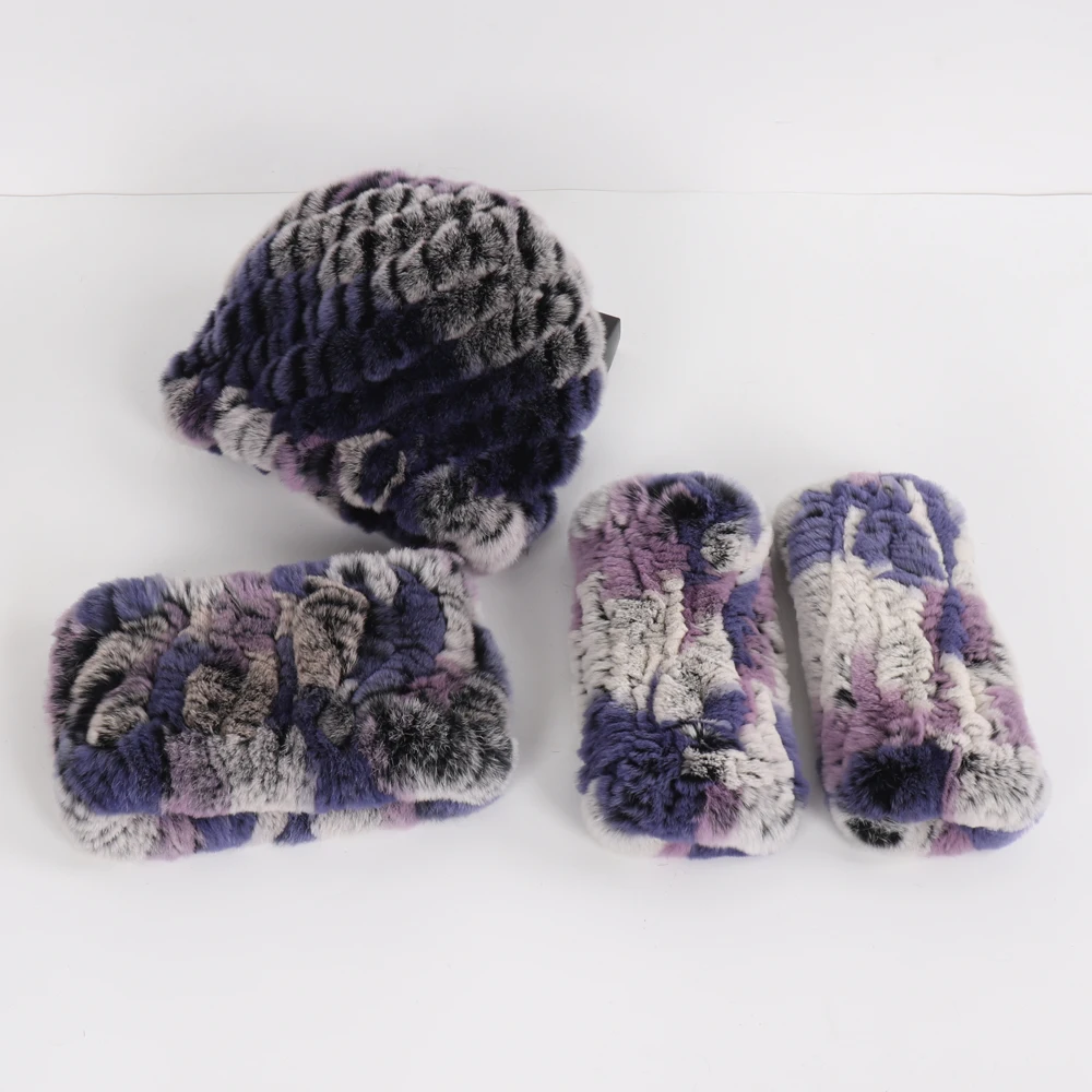 Hot Sale Women Winter Knitted Real Rex Rabbit Fur Hat Scarf Gloves Sets Natural Warm Rex Rabbit Fur Cap Scarves Mittens 3 Pieces