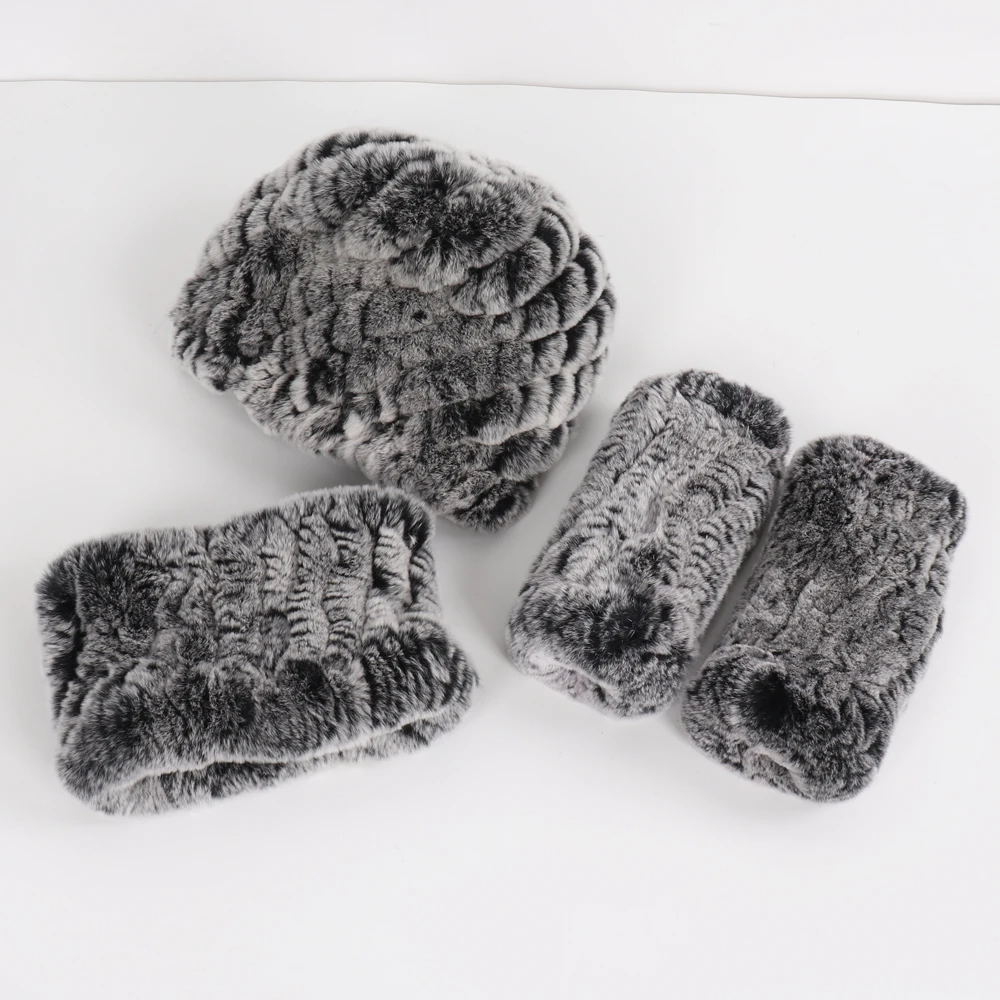 Hot Sale Women Winter Knitted Real Rex Rabbit Fur Hat Scarf Gloves Sets Natural Warm Rex Rabbit Fur Cap Scarves Mittens 3 Pieces
