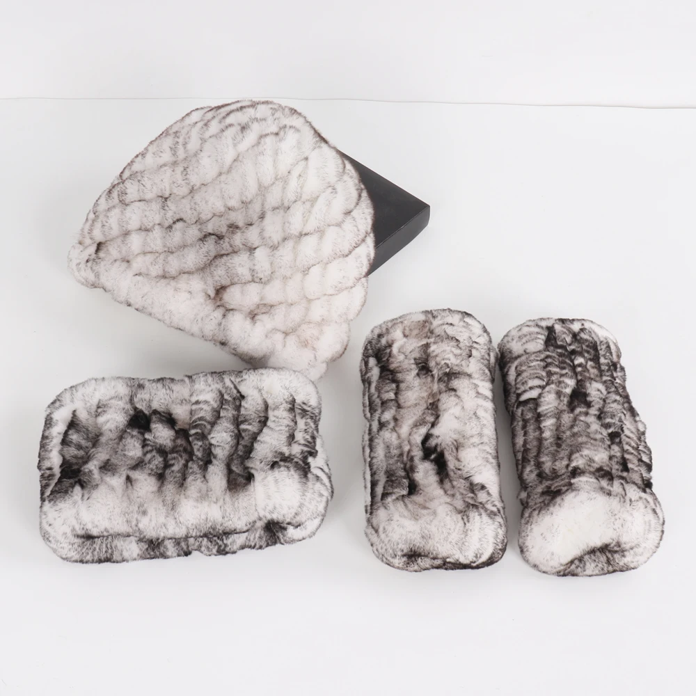 Hot Sale Women Winter Knitted Real Rex Rabbit Fur Hat Scarf Gloves Sets Natural Warm Rex Rabbit Fur Cap Scarves Mittens 3 Pieces