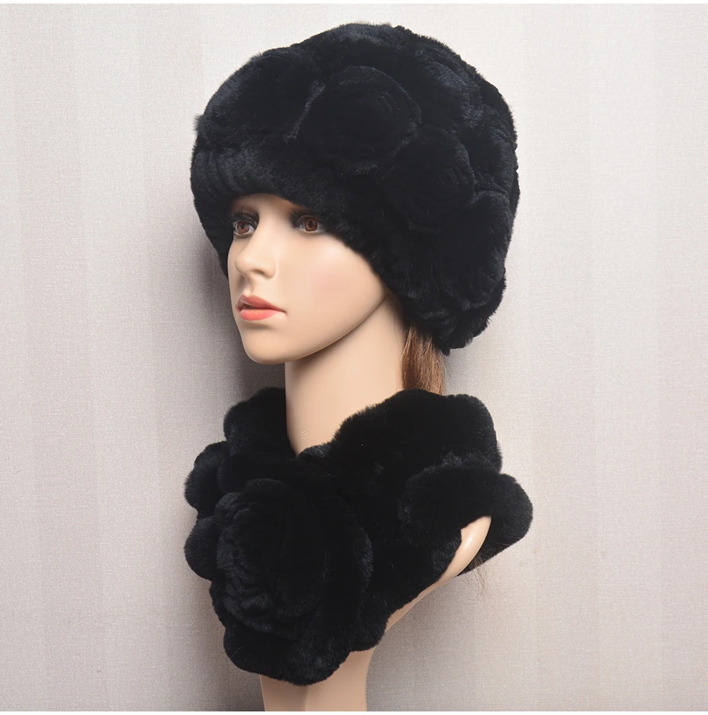 New Women Winter Fur Hat Scarf Sets Natural Warm Real Rex Rabbit Fur Cap Scarves Lady Knitted Warm 100% Genuine Fur Hats Muffler