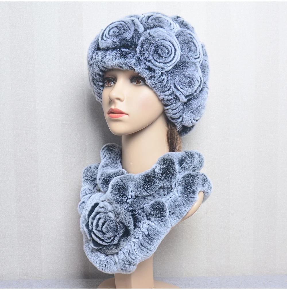 New Women Winter Fur Hat Scarf Sets Natural Warm Real Rex Rabbit Fur Cap Scarves Lady Knitted Warm 100% Genuine Fur Hats Muffler