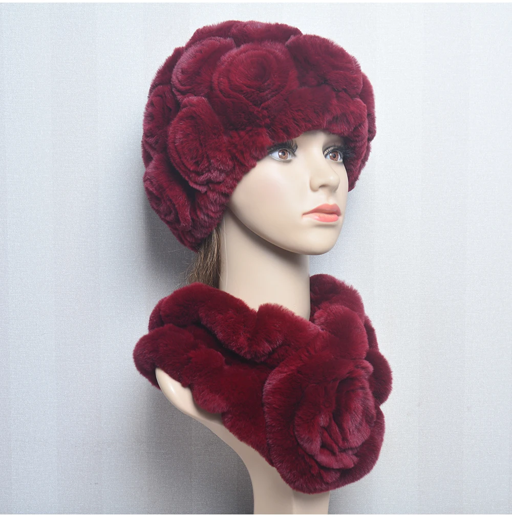 New Women Winter Fur Hat Scarf Sets Natural Warm Real Rex Rabbit Fur Cap Scarves Lady Knitted Warm 100% Genuine Fur Hats Muffler