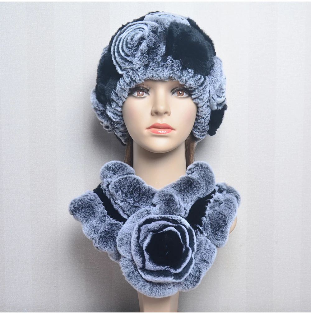 New Women Winter Fur Hat Scarf Sets Natural Warm Real Rex Rabbit Fur Cap Scarves Lady Knitted Warm 100% Genuine Fur Hats Muffler