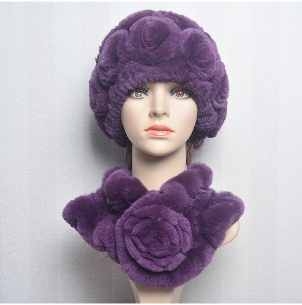 New Women Winter Fur Hat Scarf Sets Natural Warm Real Rex Rabbit Fur Cap Scarves Lady Knitted Warm 100% Genuine Fur Hats Muffler