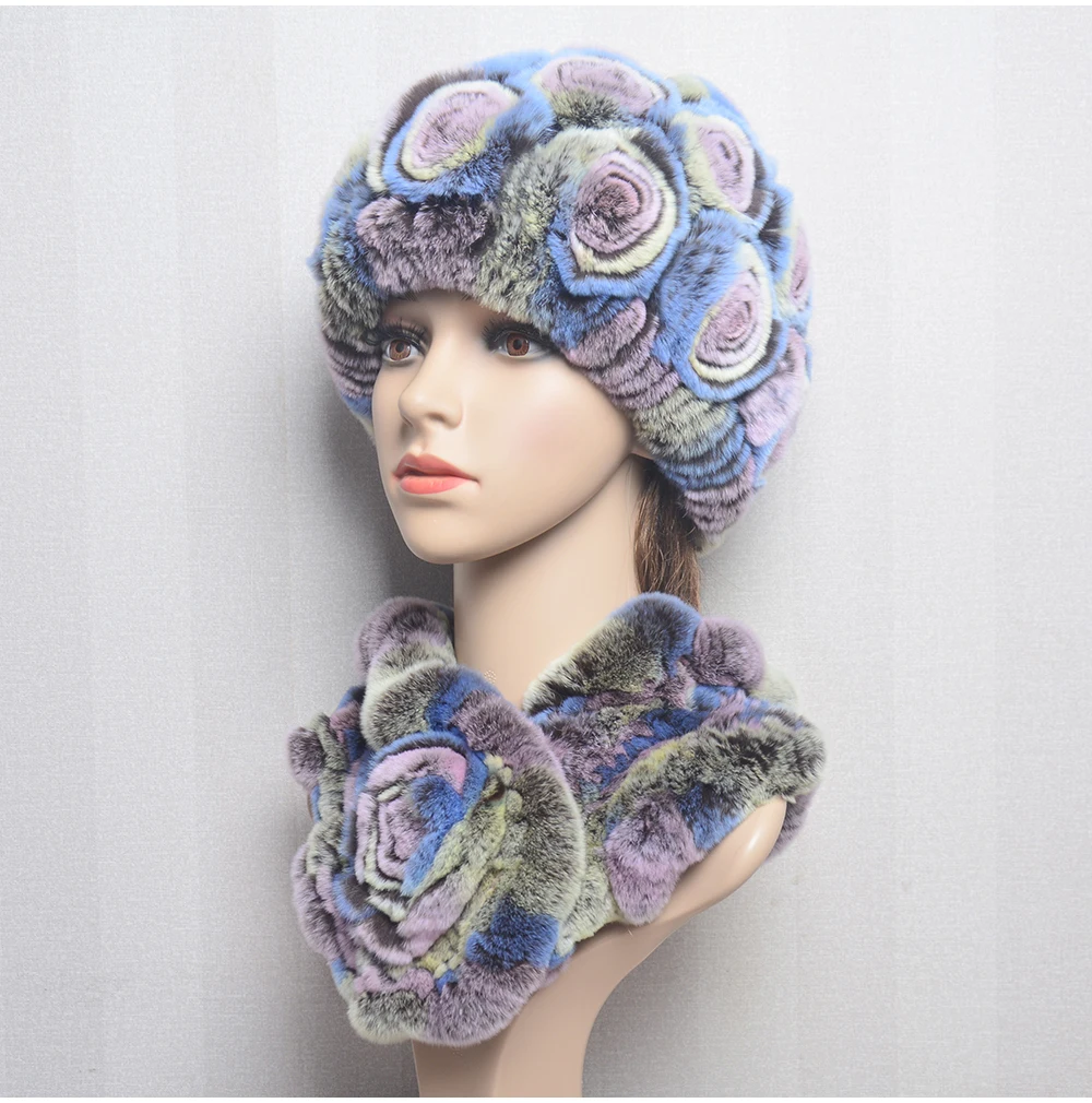 New Women Winter Fur Hat Scarf Sets Natural Warm Real Rex Rabbit Fur Cap Scarves Lady Knitted Warm 100% Genuine Fur Hats Muffler
