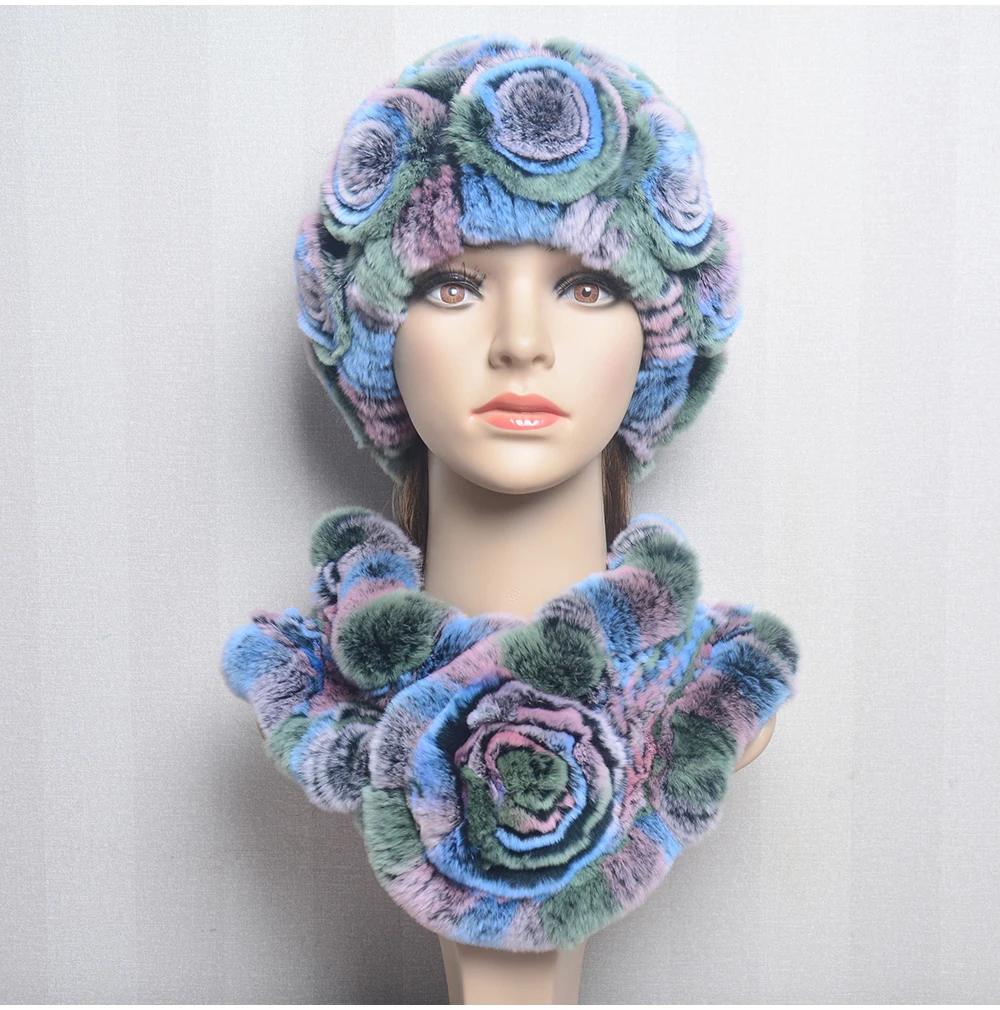 New Women Winter Fur Hat Scarf Sets Natural Warm Real Rex Rabbit Fur Cap Scarves Lady Knitted Warm 100% Genuine Fur Hats Muffler