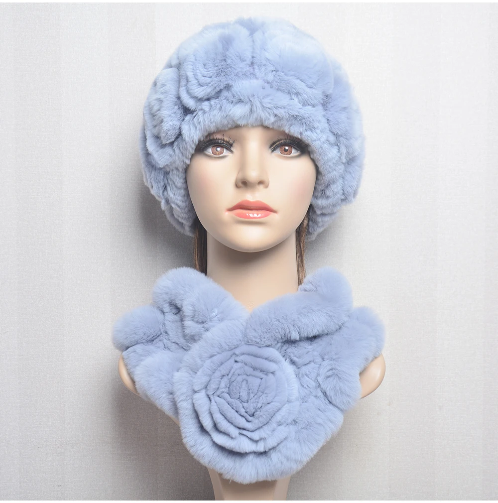 New Women Winter Fur Hat Scarf Sets Natural Warm Real Rex Rabbit Fur Cap Scarves Lady Knitted Warm 100% Genuine Fur Hats Muffler