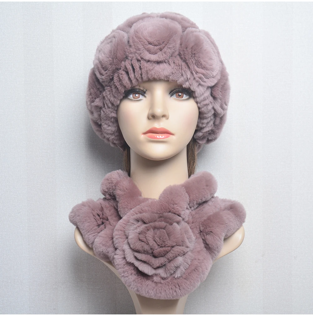New Women Winter Fur Hat Scarf Sets Natural Warm Real Rex Rabbit Fur Cap Scarves Lady Knitted Warm 100% Genuine Fur Hats Muffler