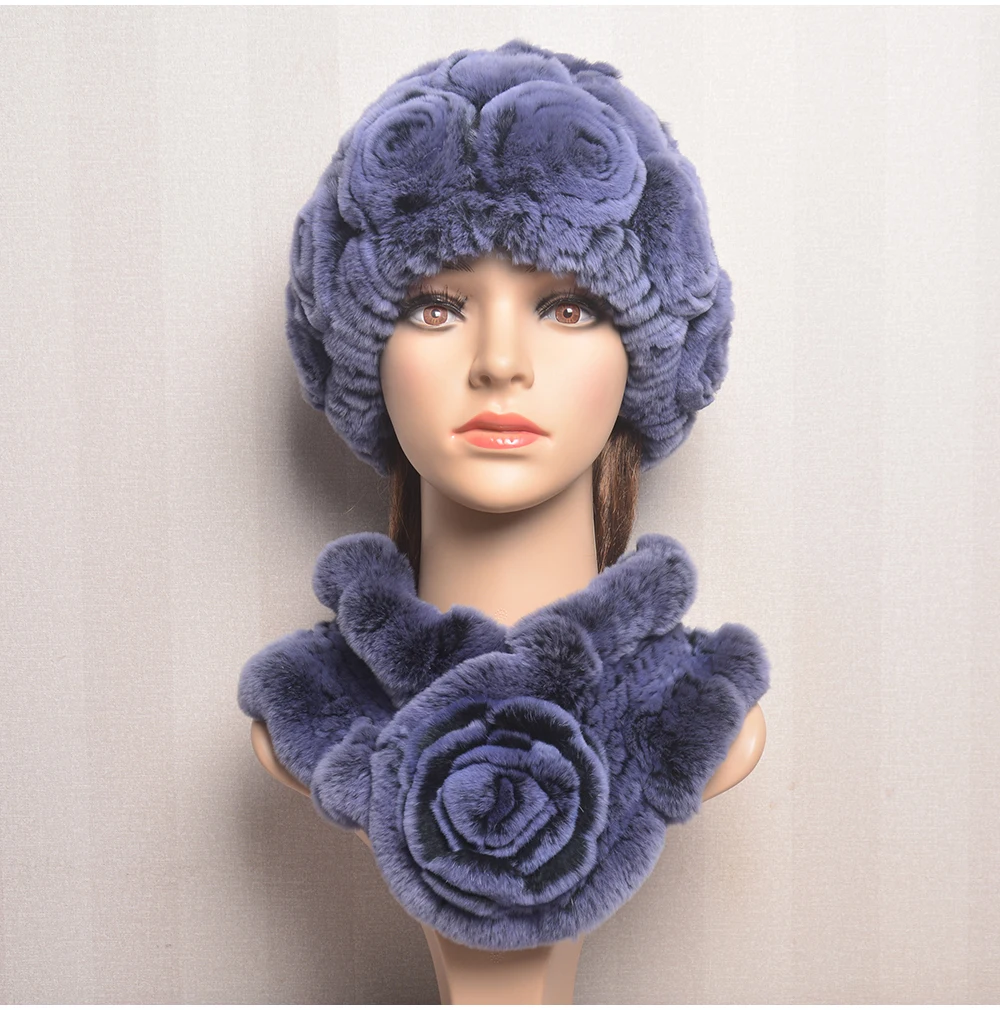New Women Winter Fur Hat Scarf Sets Natural Warm Real Rex Rabbit Fur Cap Scarves Lady Knitted Warm 100% Genuine Fur Hats Muffler