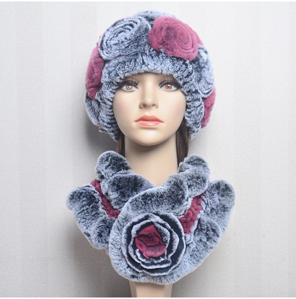 New Women Winter Fur Hat Scarf Sets Natural Warm Real Rex Rabbit Fur Cap Scarves Lady Knitted Warm 100% Genuine Fur Hats Muffler