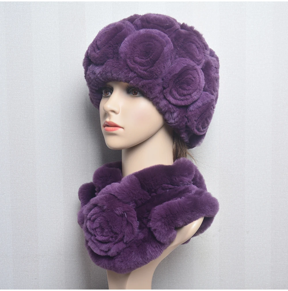 New Women Winter Fur Hat Scarf Sets Natural Warm Real Rex Rabbit Fur Cap Scarves Lady Knitted Warm 100% Genuine Fur Hats Muffler