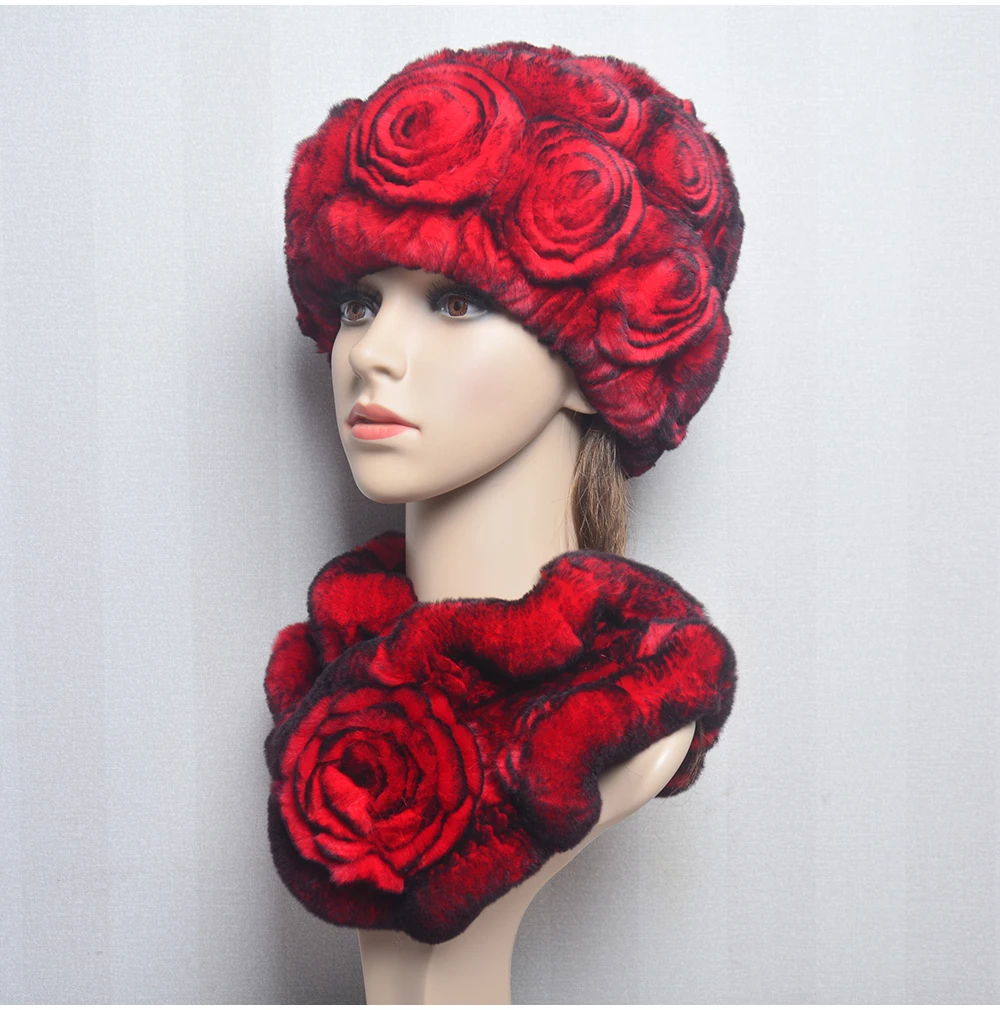 New Women Winter Fur Hat Scarf Sets Natural Warm Real Rex Rabbit Fur Cap Scarves Lady Knitted Warm 100% Genuine Fur Hats Muffler