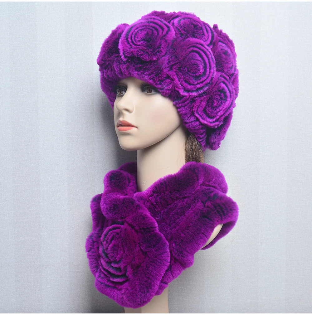 New Women Winter Fur Hat Scarf Sets Natural Warm Real Rex Rabbit Fur Cap Scarves Lady Knitted Warm 100% Genuine Fur Hats Muffler