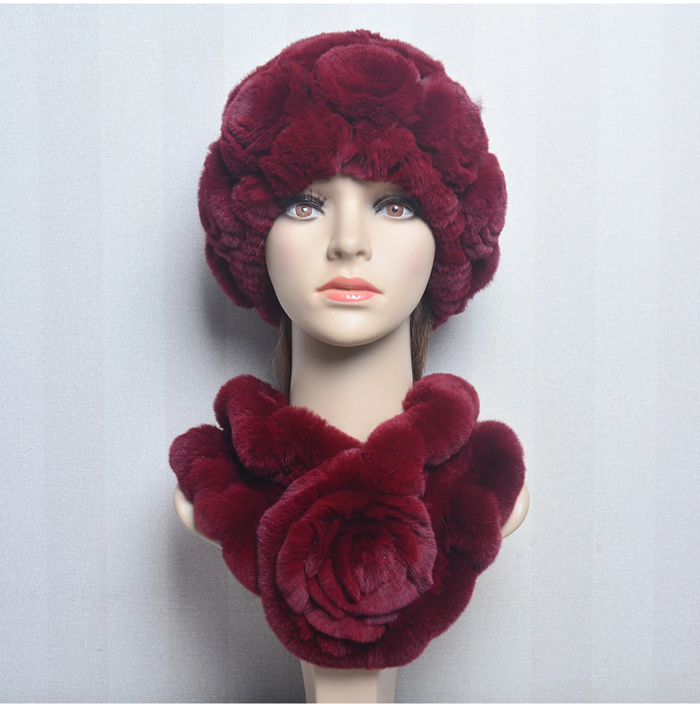 New Women Winter Fur Hat Scarf Sets Natural Warm Real Rex Rabbit Fur Cap Scarves Lady Knitted Warm 100% Genuine Fur Hats Muffler