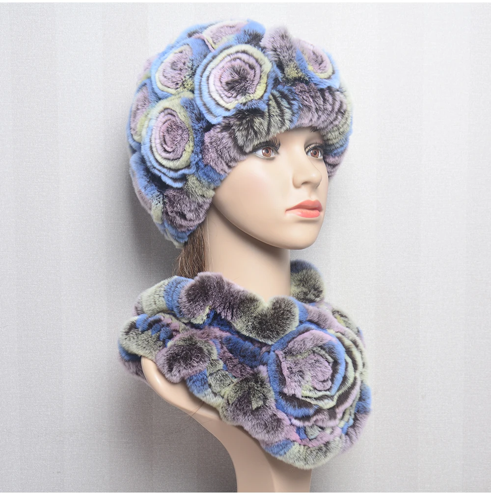 New Women Winter Fur Hat Scarf Sets Natural Warm Real Rex Rabbit Fur Cap Scarves Lady Knitted Warm 100% Genuine Fur Hats Muffler