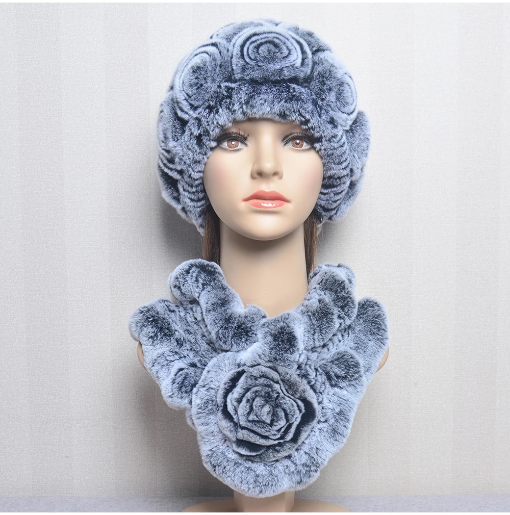 New Women Winter Fur Hat Scarf Sets Natural Warm Real Rex Rabbit Fur Cap Scarves Lady Knitted Warm 100% Genuine Fur Hats Muffler