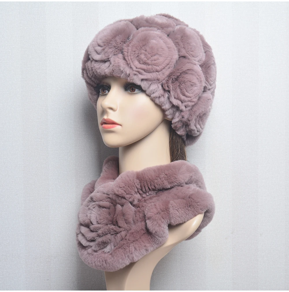 New Women Winter Fur Hat Scarf Sets Natural Warm Real Rex Rabbit Fur Cap Scarves Lady Knitted Warm 100% Genuine Fur Hats Muffler