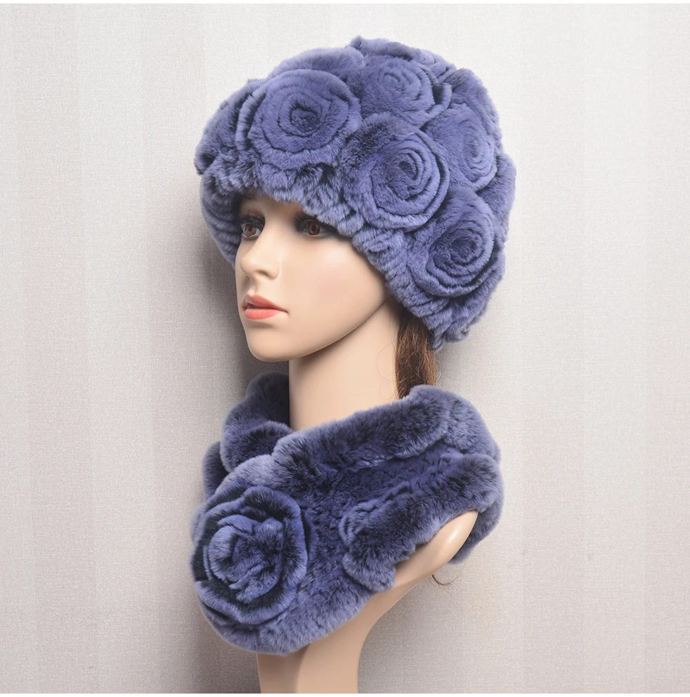 New Women Winter Fur Hat Scarf Sets Natural Warm Real Rex Rabbit Fur Cap Scarves Lady Knitted Warm 100% Genuine Fur Hats Muffler