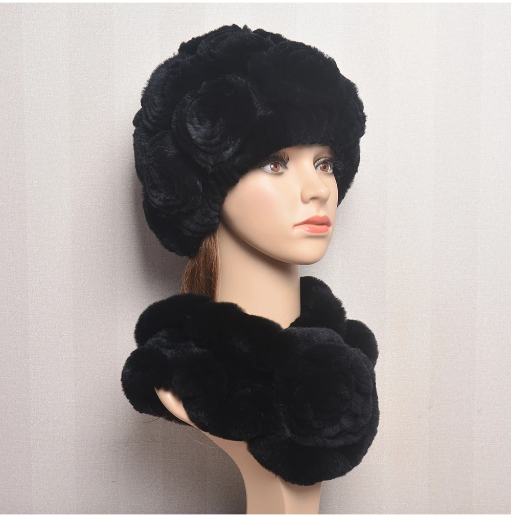 New Women Winter Fur Hat Scarf Sets Natural Warm Real Rex Rabbit Fur Cap Scarves Lady Knitted Warm 100% Genuine Fur Hats Muffler