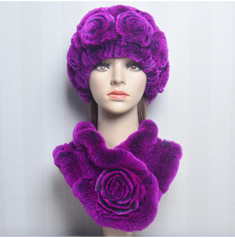 New Women Winter Fur Hat Scarf Sets Natural Warm Real Rex Rabbit Fur Cap Scarves Lady Knitted Warm 100% Genuine Fur Hats Muffler