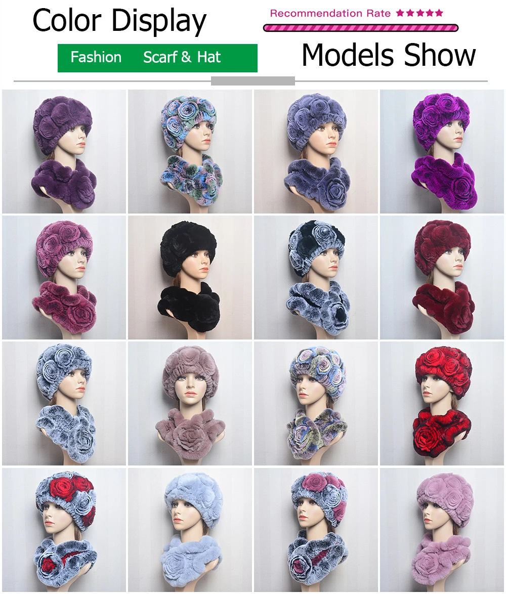 New Women Winter Fur Hat Scarf Sets Natural Warm Real Rex Rabbit Fur Cap Scarves Lady Knitted Warm 100% Genuine Fur Hats Muffler