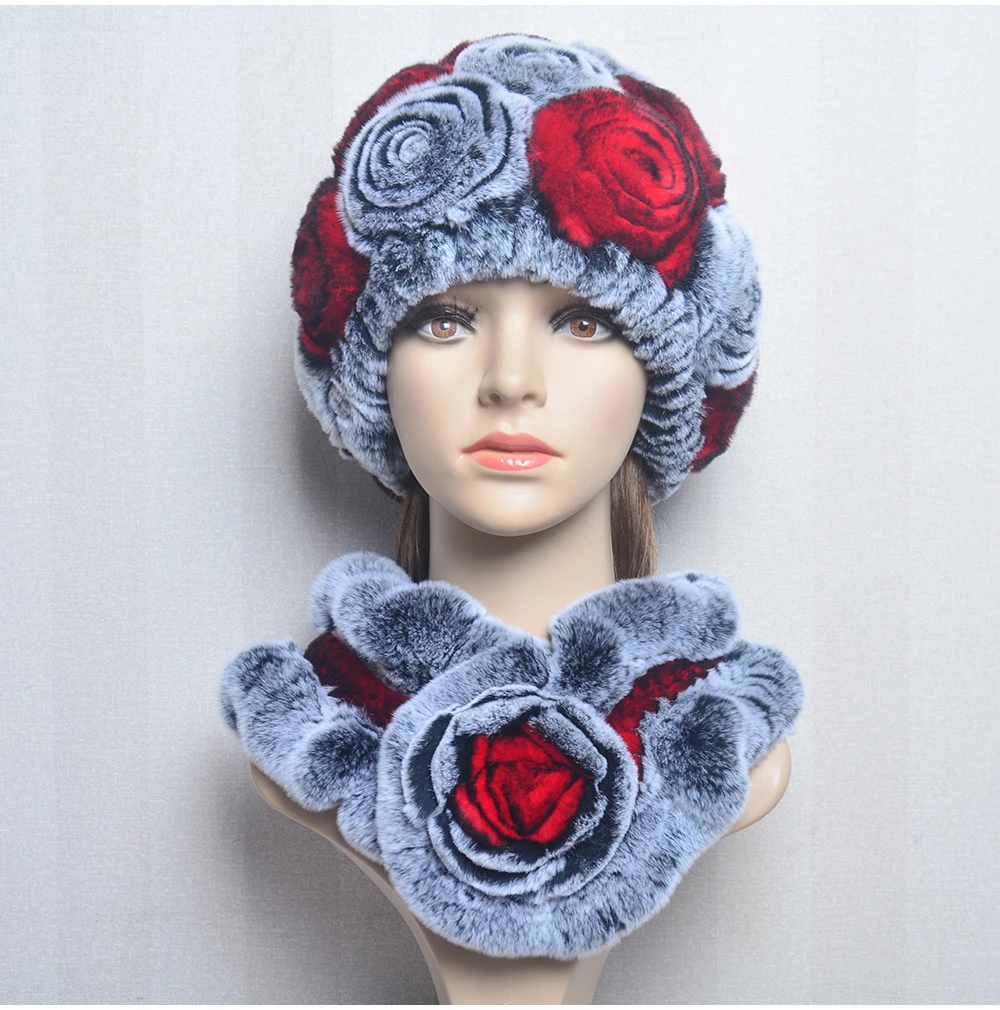 New Women Winter Fur Hat Scarf Sets Natural Warm Real Rex Rabbit Fur Cap Scarves Lady Knitted Warm 100% Genuine Fur Hats Muffler