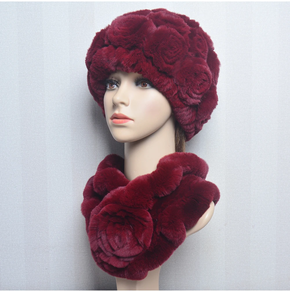 New Women Winter Fur Hat Scarf Sets Natural Warm Real Rex Rabbit Fur Cap Scarves Lady Knitted Warm 100% Genuine Fur Hats Muffler