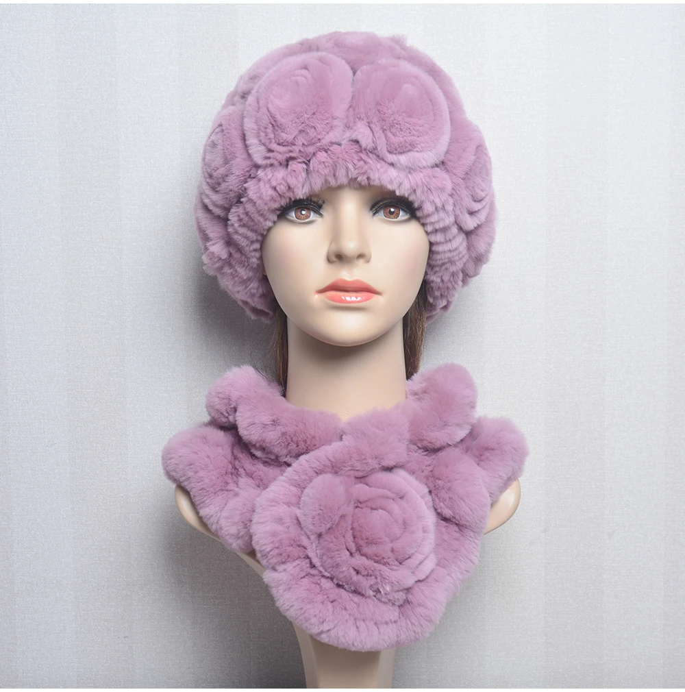 New Women Winter Fur Hat Scarf Sets Natural Warm Real Rex Rabbit Fur Cap Scarves Lady Knitted Warm 100% Genuine Fur Hats Muffler