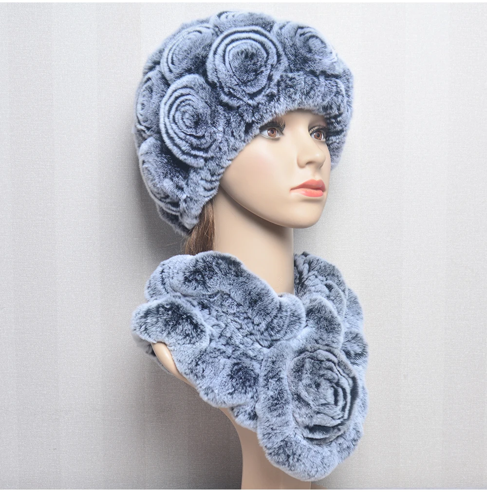 New Women Winter Fur Hat Scarf Sets Natural Warm Real Rex Rabbit Fur Cap Scarves Lady Knitted Warm 100% Genuine Fur Hats Muffler
