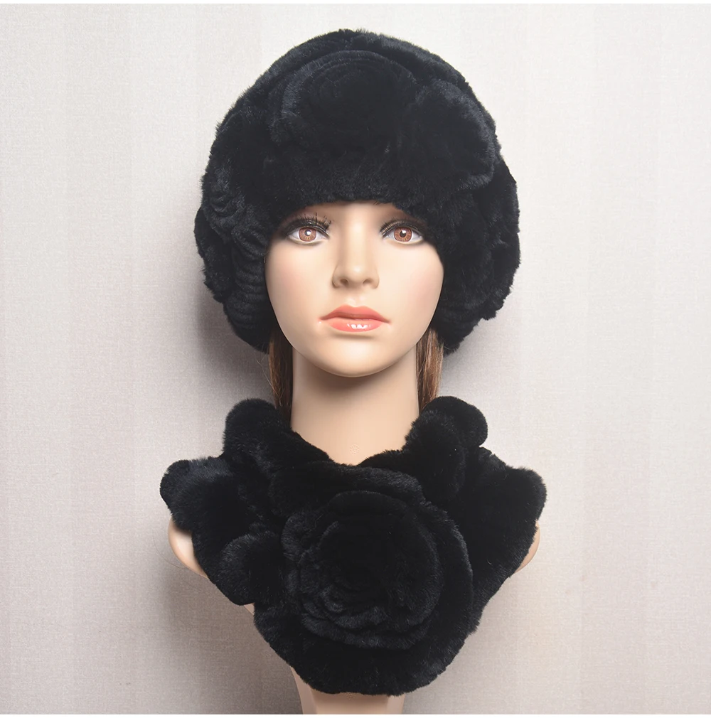 New Women Winter Fur Hat Scarf Sets Natural Warm Real Rex Rabbit Fur Cap Scarves Lady Knitted Warm 100% Genuine Fur Hats Muffler