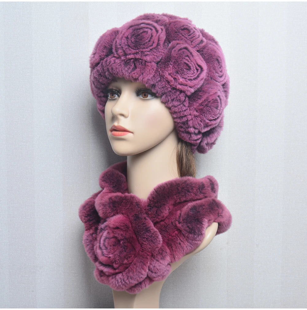 New Women Winter Fur Hat Scarf Sets Natural Warm Real Rex Rabbit Fur Cap Scarves Lady Knitted Warm 100% Genuine Fur Hats Muffler