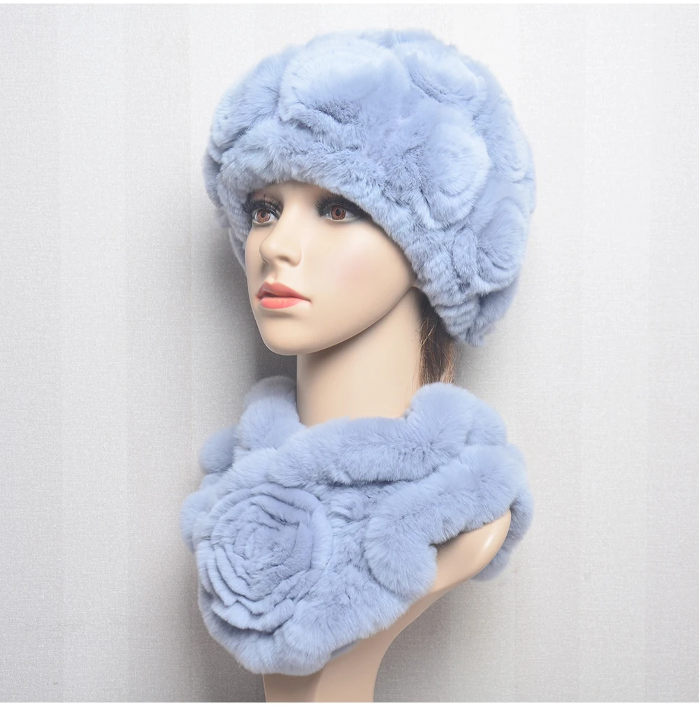 New Women Winter Fur Hat Scarf Sets Natural Warm Real Rex Rabbit Fur Cap Scarves Lady Knitted Warm 100% Genuine Fur Hats Muffler