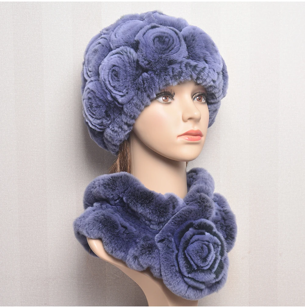 New Women Winter Fur Hat Scarf Sets Natural Warm Real Rex Rabbit Fur Cap Scarves Lady Knitted Warm 100% Genuine Fur Hats Muffler