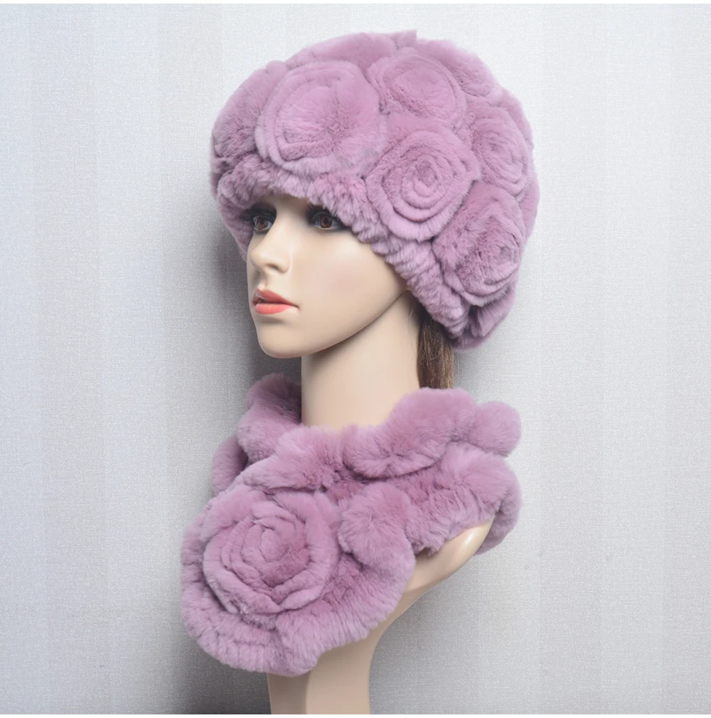 New Women Winter Fur Hat Scarf Sets Natural Warm Real Rex Rabbit Fur Cap Scarves Lady Knitted Warm 100% Genuine Fur Hats Muffler