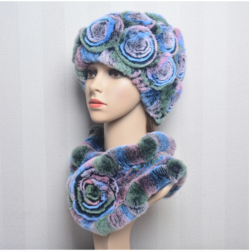 New Women Winter Fur Hat Scarf Sets Natural Warm Real Rex Rabbit Fur Cap Scarves Lady Knitted Warm 100% Genuine Fur Hats Muffler