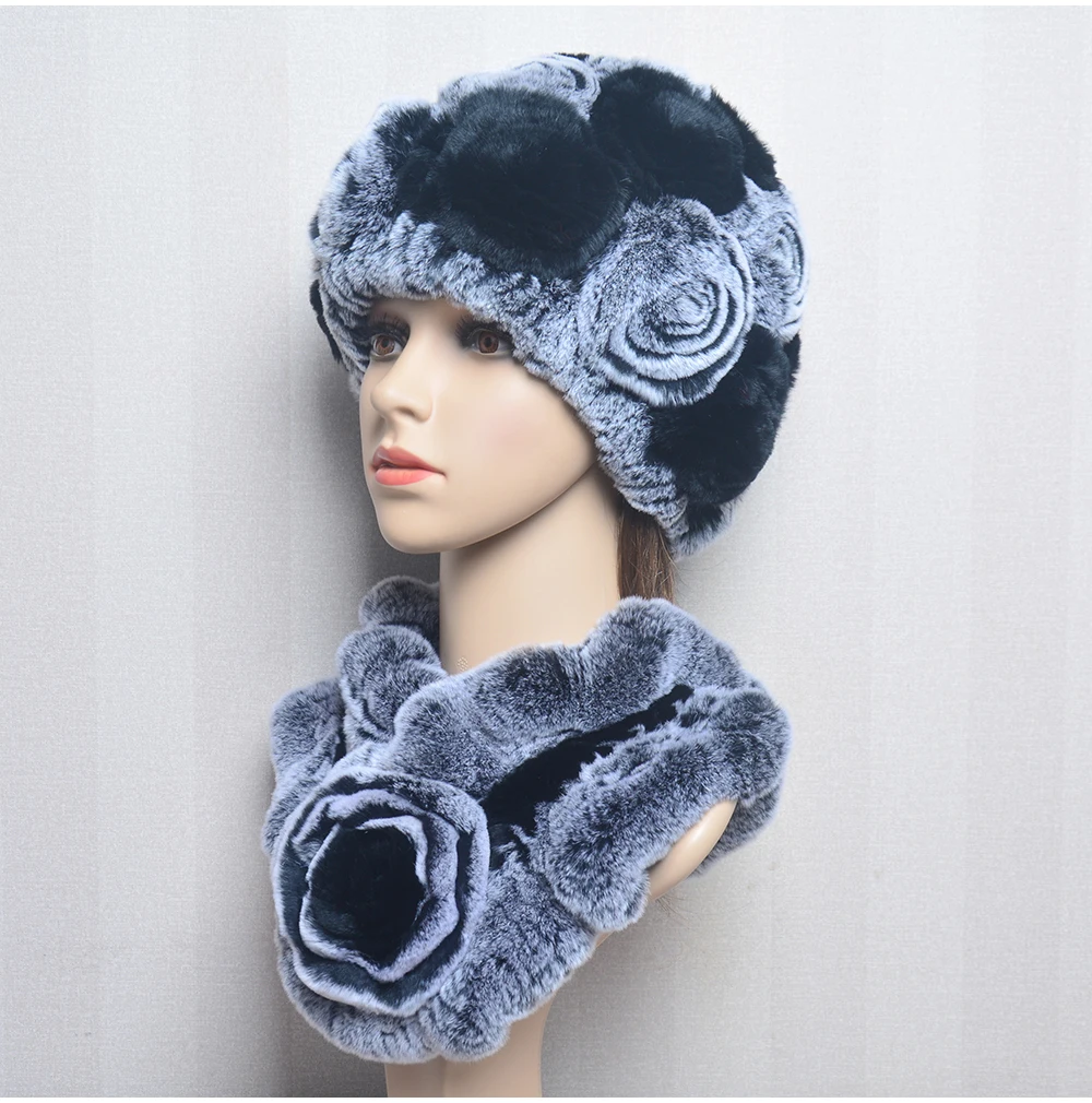 New Women Winter Fur Hat Scarf Sets Natural Warm Real Rex Rabbit Fur Cap Scarves Lady Knitted Warm 100% Genuine Fur Hats Muffler