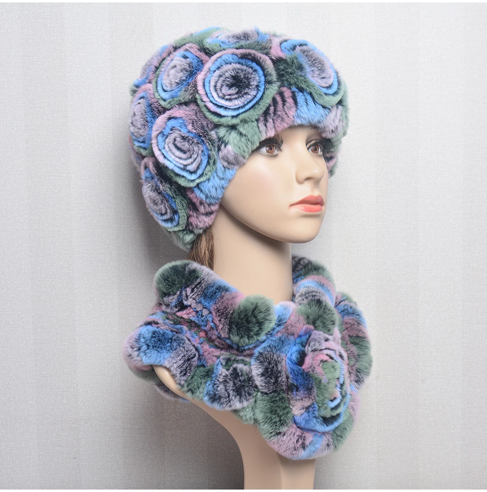 New Women Winter Fur Hat Scarf Sets Natural Warm Real Rex Rabbit Fur Cap Scarves Lady Knitted Warm 100% Genuine Fur Hats Muffler
