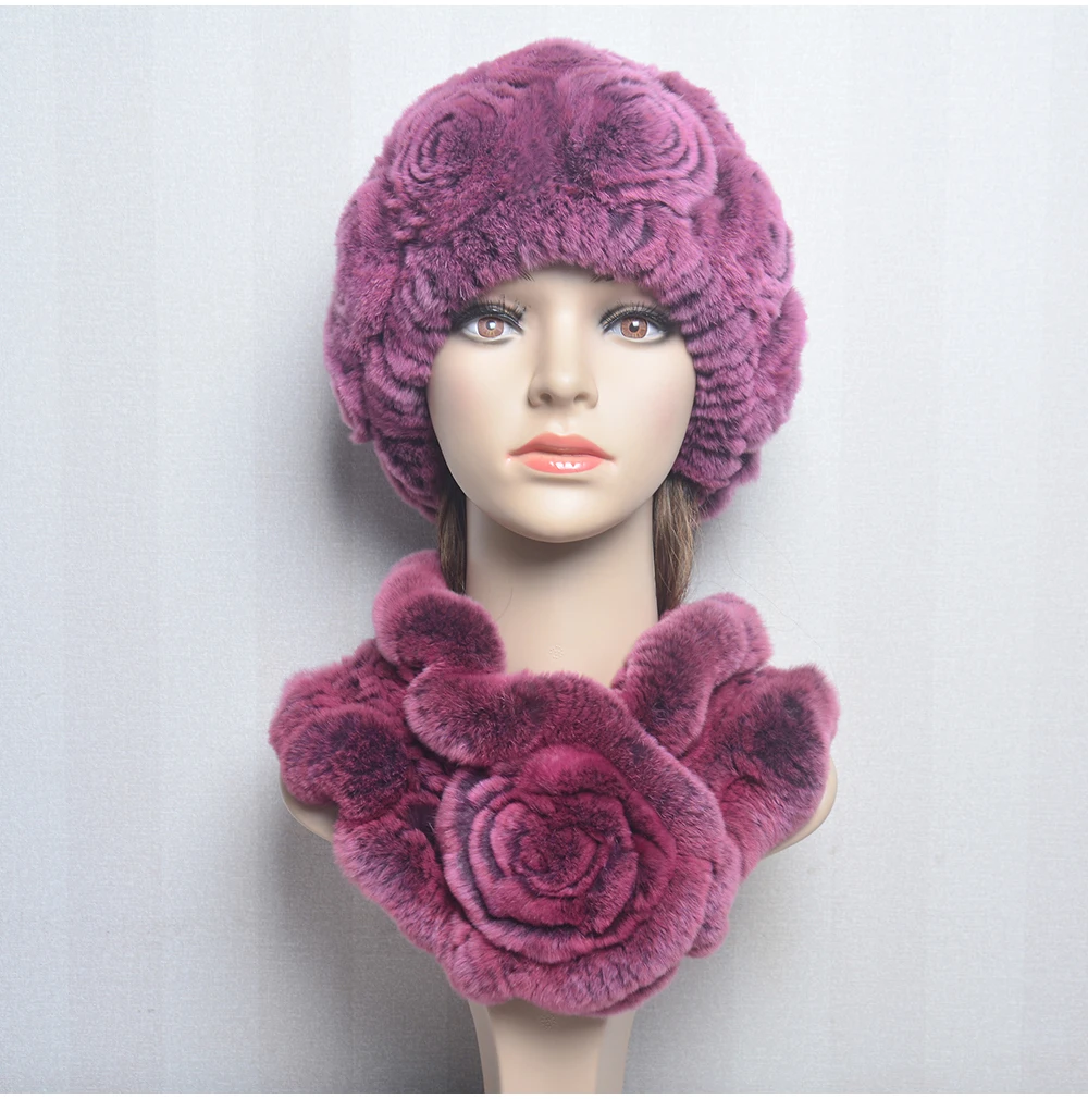 New Women Winter Fur Hat Scarf Sets Natural Warm Real Rex Rabbit Fur Cap Scarves Lady Knitted Warm 100% Genuine Fur Hats Muffler
